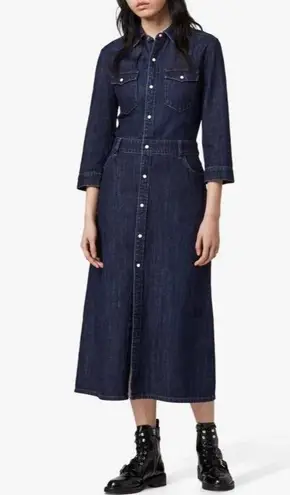 AllSaints Polly Denim Midi Dress Size 2 Pearl Snap Button Boho Western Cowgirl Blue