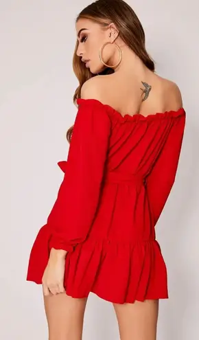 In The Style Red Crepe Bardot Frill Hem Mini Dress