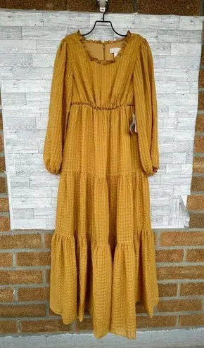 Rachel Parcell Mustard Yellow Ruffled Tiered Long Sleeve Maxi Dress Textured