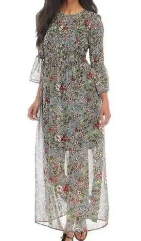 ECI Smocked Sheer Floral Striped Printed Three Quarter Sleeve Maxi Dress Large