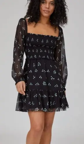 Wilfred Aritzia Tempest Dress Black Aqua Print Long Sleeve Mini Length Size XS