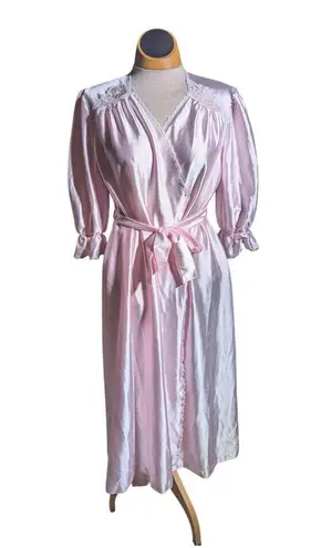 Vtg 1980s Lorraine Blush Pink Satin Embroidered Gathered Sleeve Wrap Robe Sz M