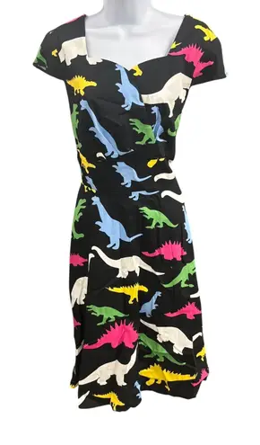 Dinosaur Print Dress Black Cotton Blend Square Neck Short Sleeve Casual Large
