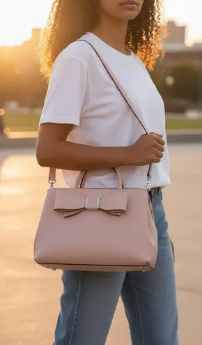 Bow Satchel Crossbody Bag, Pale Pink Handbag, Elegant Top Handle, Shoulder Bag