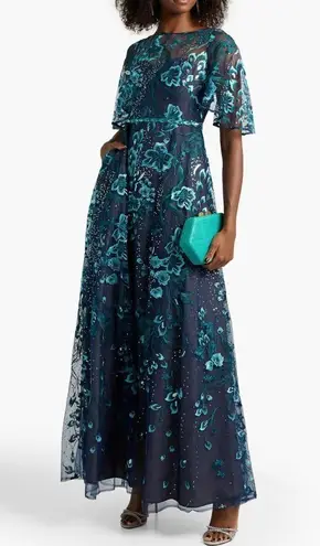 NEW Marchesa Notte Gown Womens 10 Sequin Embroidered Tulle Formal Maxi Dress Blue