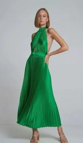 L’IDEE Bright Green Renaissance Mock Neck Pleated Satin Midi Dress Size 12