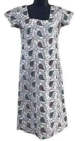 None Embroidered Peacock Feather Dress, Paisley Print White Casual Summer Dress Small