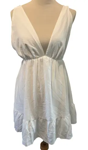 White Mini Dress V Neck Sleeveless Tie Back Ruffle Hem Summer Party White