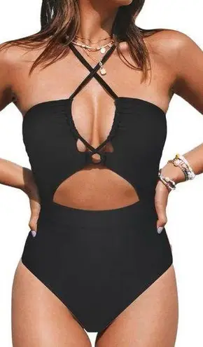 Cupshe NWT  One Piece Swimsuit Plunge Neckline Cutout Criss Cross black size L