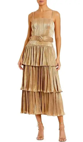 Mac Duggal Gold Metallic Plissé Square Neck Pleated Ruffle Belt Detail Dress 8