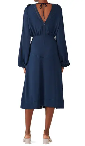 Fame and Partners Navy Hanne Midi Dress Bishop Balloon Sleeves Low V-Back Size 2
