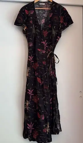 Marine layer XL Emyln Midi Wrap Dress Black Beach Wizard Print Hemp Blend