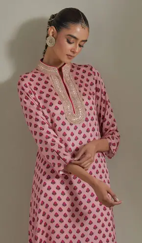 Punit Balana Kaftan Kurta Pink floral Gold top sz S
