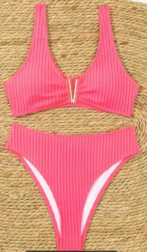Rib Knit V Wired Plain 2 Piece Set Bikini Pink
