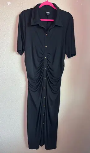 INC International Concepts Black Ruched Short Sleeve Midi Shirtdress XXL