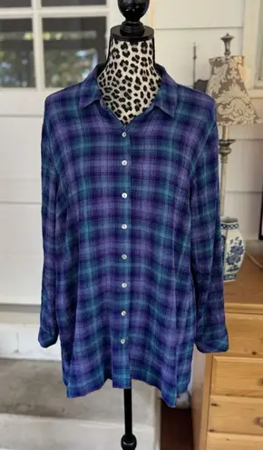 J. JILL Purple Teal Plaid Textured Crinkled Button Front Tunic Shirt Size Lp