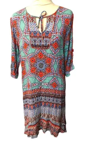 Democracy boho medallion teal and off red orangish paisley print 3/4 sleeves wit