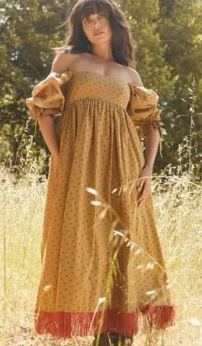 Eddy Jocelyn Puff Sleeve Fringe Dress in Honeycomb Rose Floral Medium NWT Gold