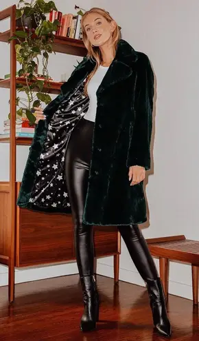 Avec Les Filles Faux Fur Long Coat in Dark Forest Green (X-SMALL)