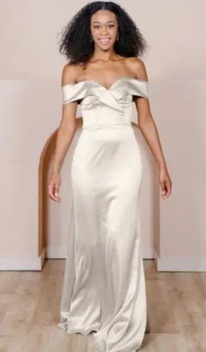 Revelry Bardot Satin Off Shoulder Maxi Dress in Soft Champagne Size 8 Gold
