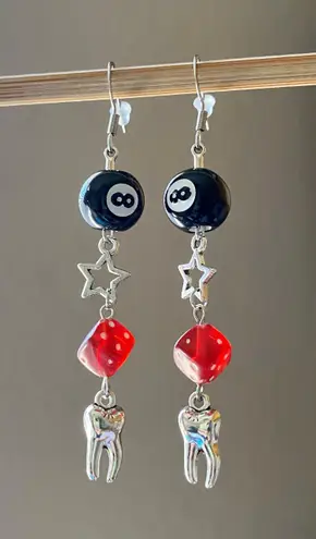 Handmade y2k Kawaii funky grunge style dice star teeth 8ball unique dangle earrings 🎲🖤❤️🦷⭐️super fun to wear🎵✌️✨