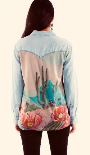 SEDONA SUNSET CACTUS SCENE WESTERN YOKE DENIM BUTTON DOWN SMALL Blue