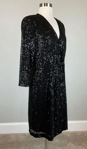 DKNY  Women's Cocktail Dress Size 8 Black Sequined Long Sleeve Tuxedo Sheath