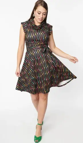 Unique Vintage NWT  Black & Rainbow Dots Fit and Flare Dress | SMALL |