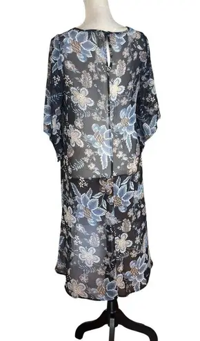One World Floral Sheer High-Low Dress Cover-Up Blue & Beige Flowers Fit One Size