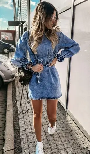 Redial Vintage Acid Wash Denim Collection Puff Sleeve Belted Dress (S)