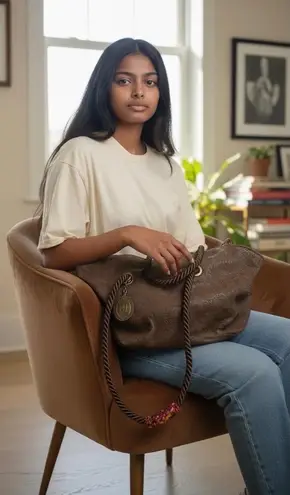 Designer Embossed Hobo Bag Chocolate Brown Rope Handle Embellished Beaded Detail