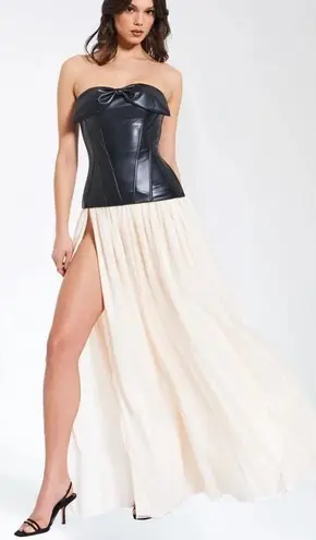 NWT Miss Circle Maayan Black Vegan Leather Corset High SlitDrop Waist Maxi Dress