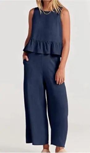 Elegant Blue Pants with Ruffled Peplum Top 2 Piece Set Size L