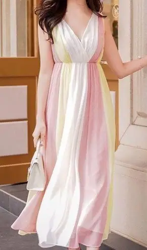 Pastel Pink White Yellow Long Chiffon Maxi Summer Sun Dress Size Medium