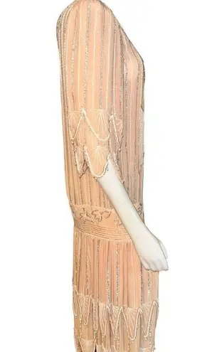 JUDITH ANN CREATIONS 1920s Style Silk Peach Beaded Flapper Dress Size M