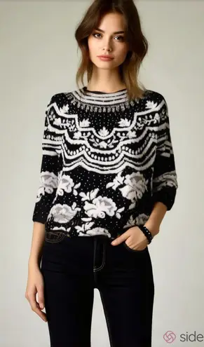 Vintage Kitty Hawk Vivian Wang black and floral sweater with faux pearl beads