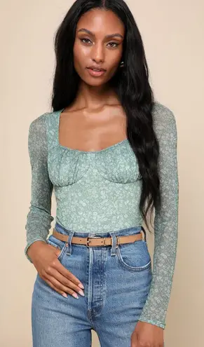 Lulus Bodysuit Womens Medium Green Major Aesthetic Sage Green Ditsy Floral Mesh