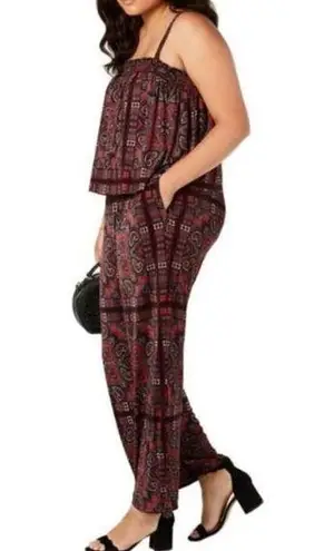 INC Glam Paisley Red Black Jumpsuit Stretchy Smocked Medium