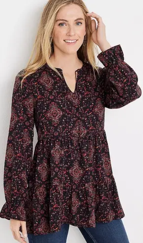 Maurice's  Medallion Print Tiered Multicolor Black Tunic Blouse