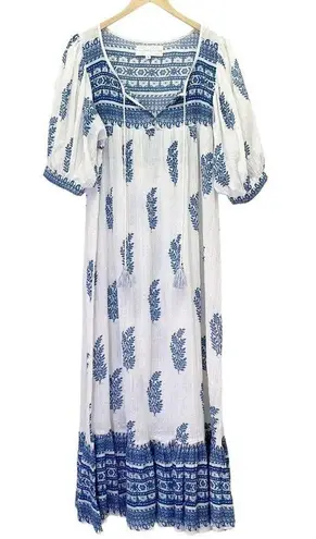 Daughters of India Mishka Boho Maxi Dress Azure Blue & White Cotton Size Medium