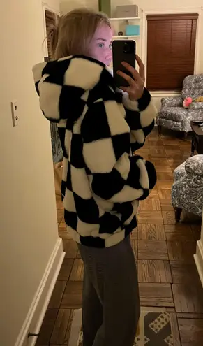 Fuzzy Checkered Bomber Coat Black Size M