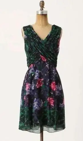 Anna Sui Blurred Hydrangea Dress Watercolor Floral Size 2 Sleeveless Mini Black