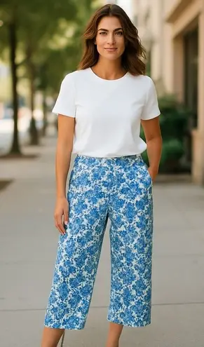 Bon Worth Floral Print Capri Pants Elastic Waist Cropped Blue White XSP