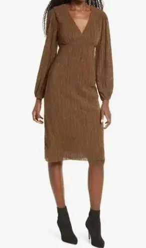 All in Favor Plisse Midi Dress Long Sleeve - Brown Thrush