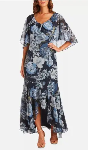 R & M Richards Navy Blue Floral High Low Chiffon Dress Evening Formal Size 6 NWT