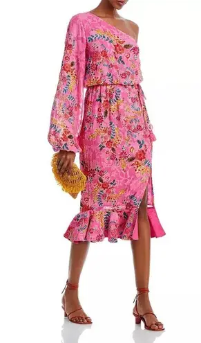 Hemant and Nandita Womens One Shoulder Midi Dress Ruffled Hem Floral Pink Size S