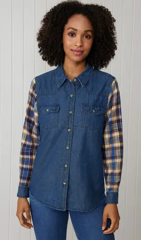 Country Store Cotton blend Denim Shirt with Plaid Sleeves Size 1X Blue