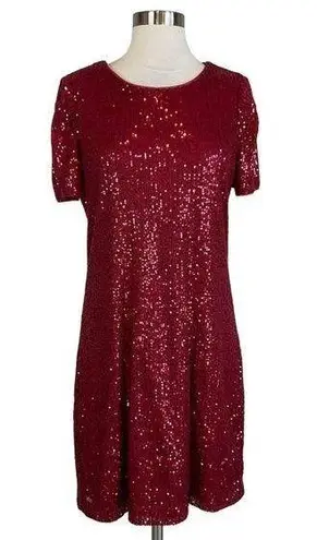 DKNY Women's Cocktail Dress Size 14 Red Sequined Short Sleeve Shift