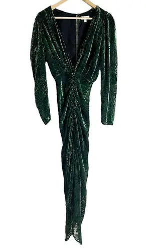 Ronny Kobo Astrid Green Animal Print Velvet Ruched Long Sleeve Midi Dress XS