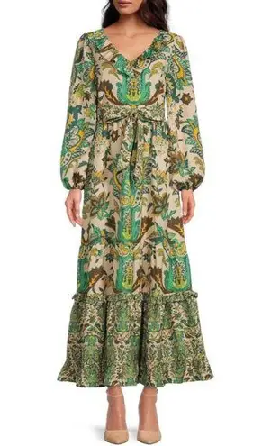 A loves A  Paisley Printed Voile Long Sleeve Ruffle V-Neck Tiered Maxi Dress M